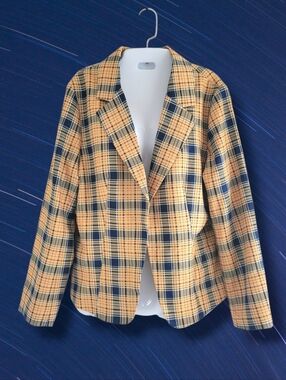 Allegra K | NWOT Yellow/Navy Plaid Open Front Long Sleeve Blazer (SIZE L)